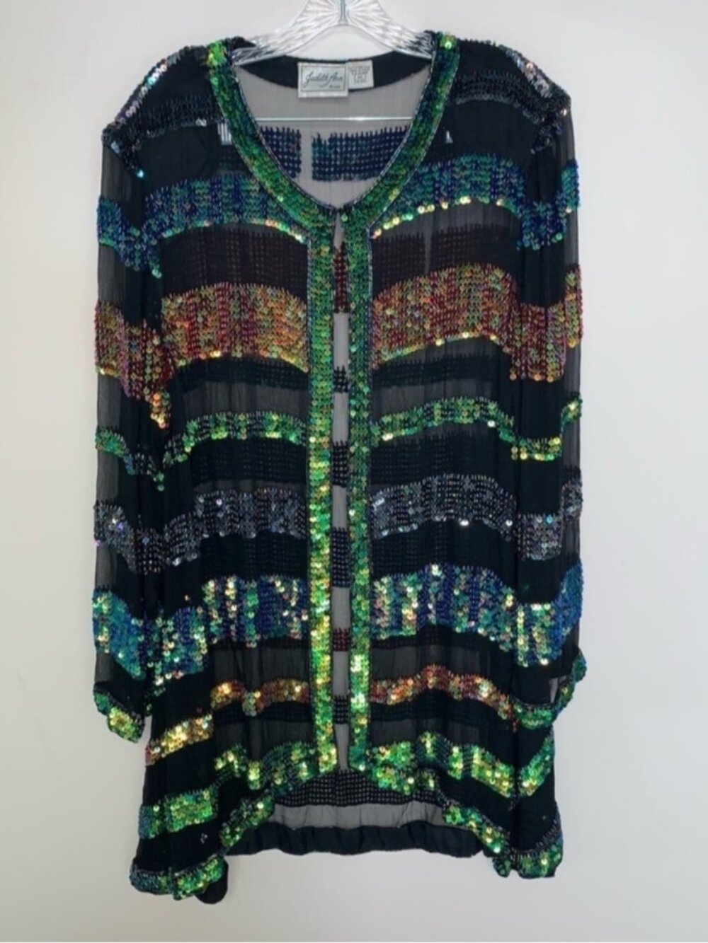 Vintage Judith Ann 100% Pure Silk Black and Multicolour Sequin Jacket 2X